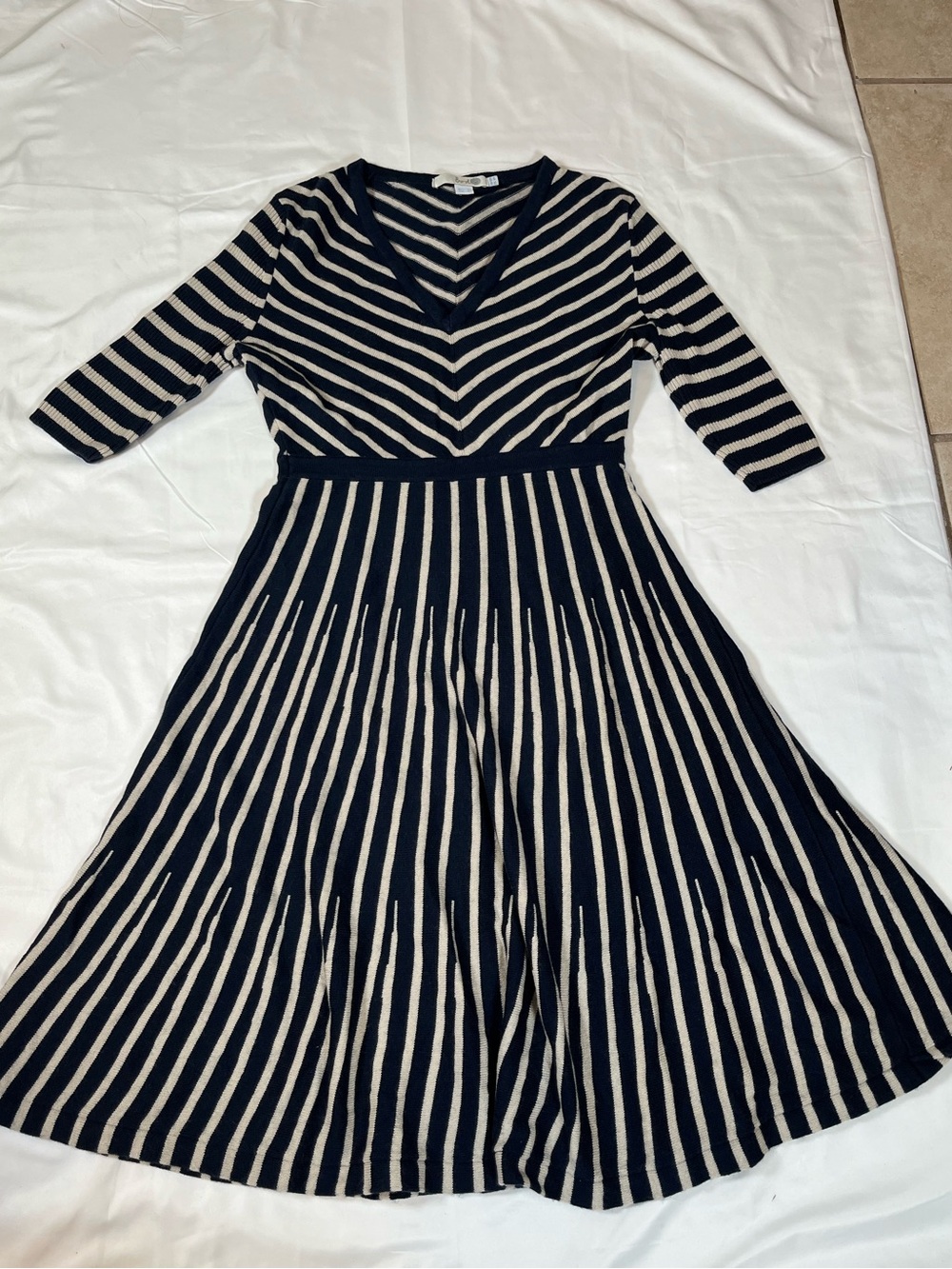 Boden Navy White Striped Knit Wool Blend Midi A-Line Dress Size 6R